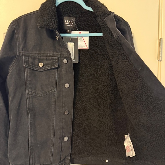 Boohoo MAN Men’s Fully Borg Lined Denim Jacket washed black Size S - Picture 4 of 11